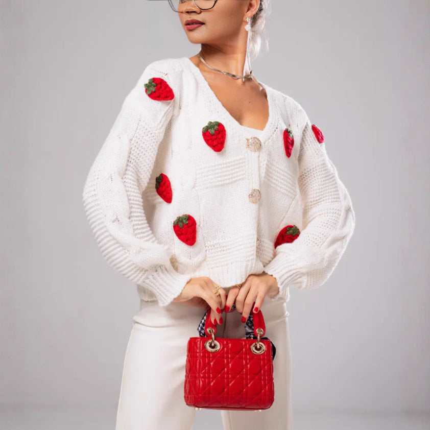 Damernas Lekfull stickad cardigan med körsbär-applikationer Eva Jonsson-Eva Jonsson