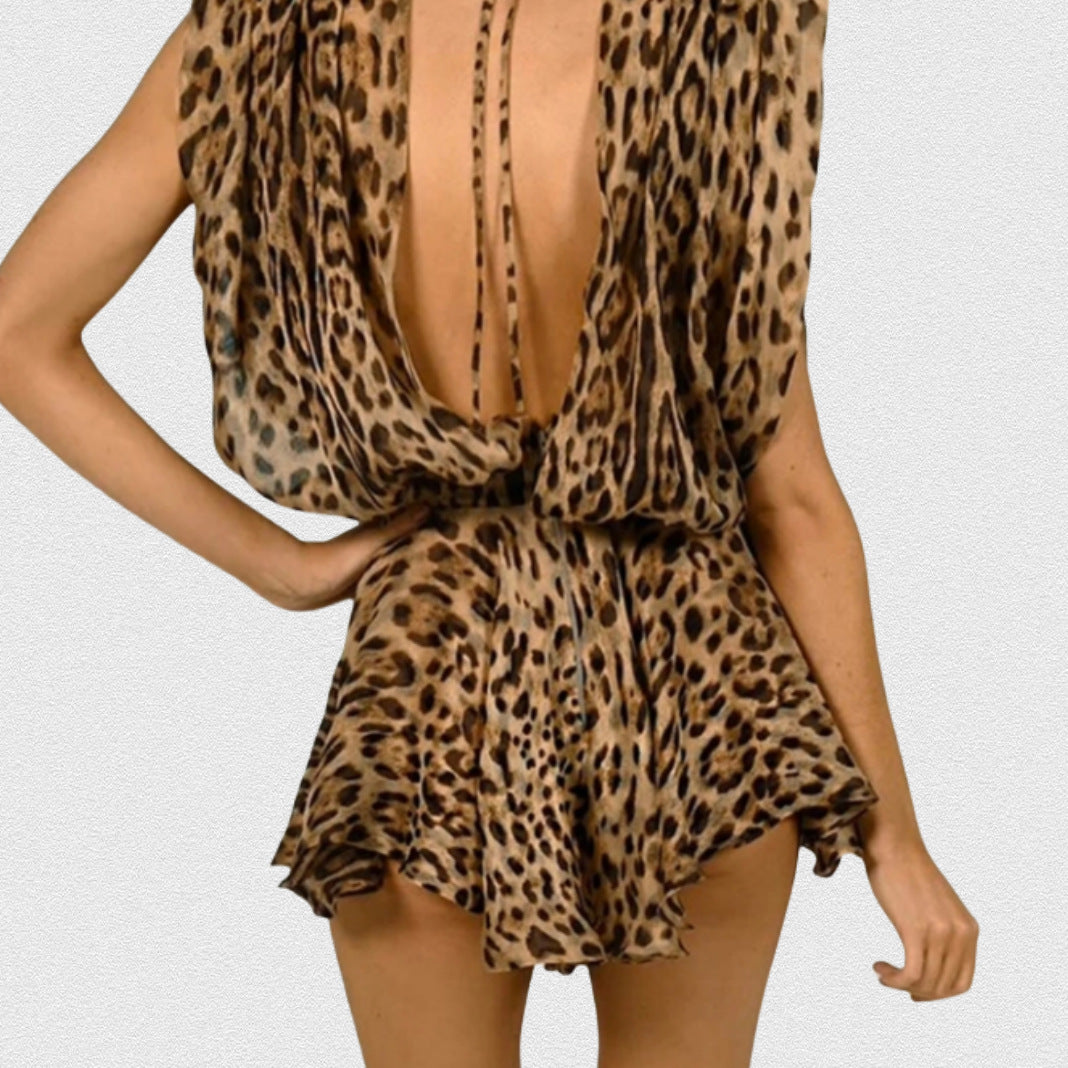 Damernas Lekfulla Miniklänning med extravaganta Leopardenmönster och djupt V-ringning Eva Jonsson-Eva Jonsson