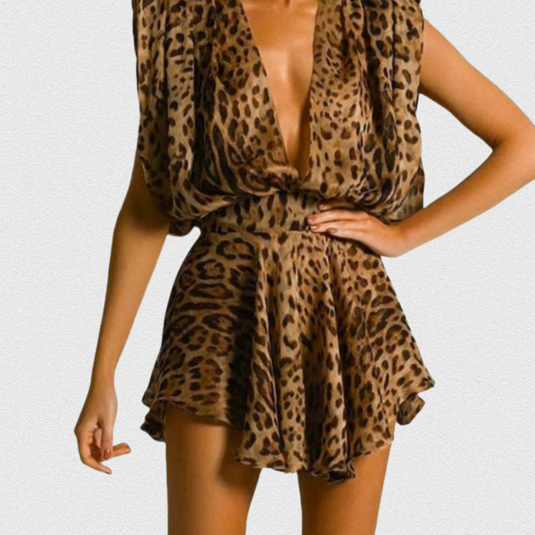 Damernas Lekfulla Miniklänning med extravaganta Leopardenmönster och djupt V-ringning Eva Jonsson-Eva Jonsson