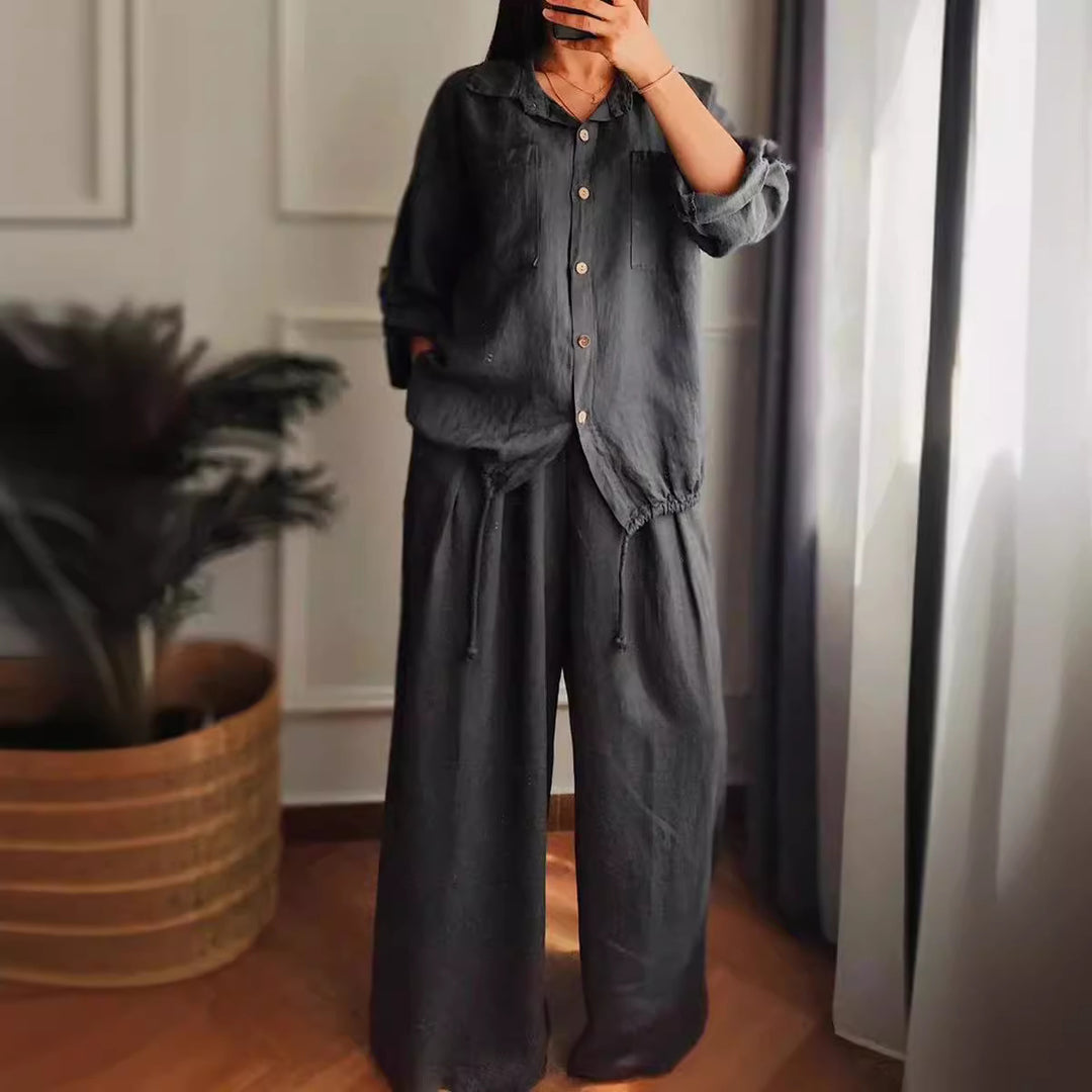 Damernas Linne-Set med Vida Byxor och Avslappnad Blus Mirla-Eva Jonsson