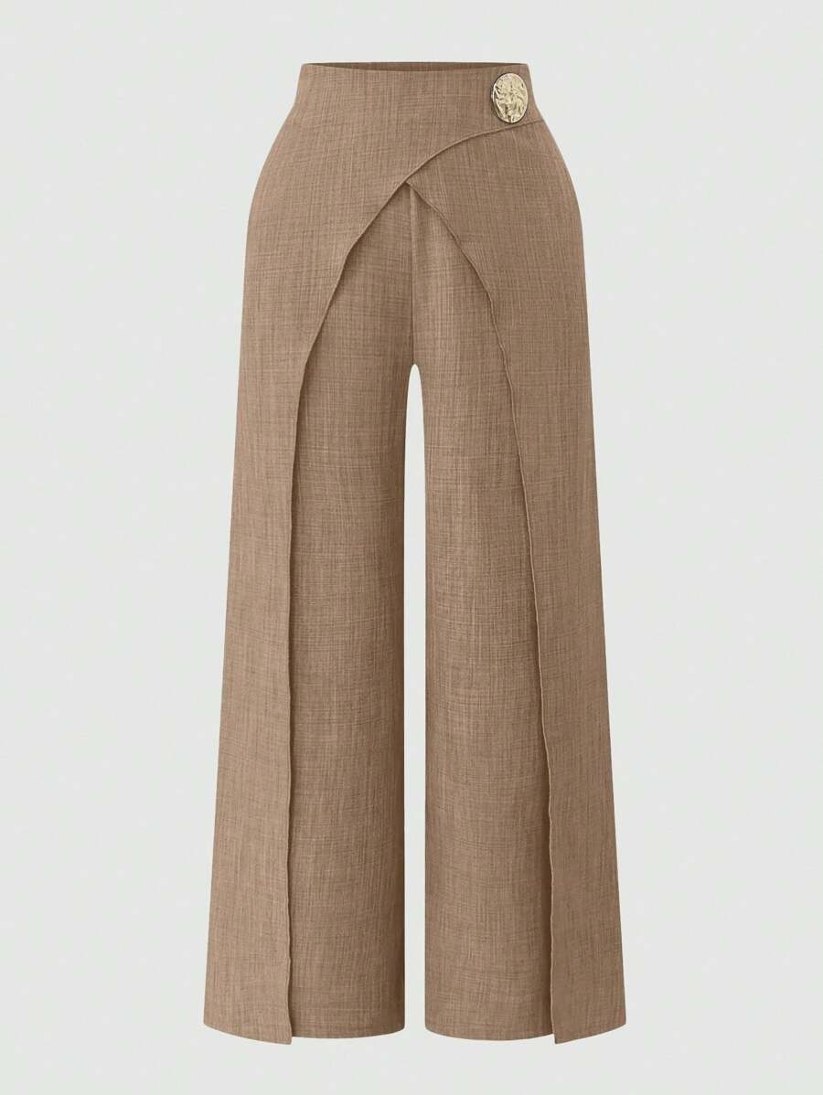 Damernas Löst skuren högmidjade byxor med skärpdesign och dekorativa knapppdetaljer Eva Jonsson-Eva Jonsson