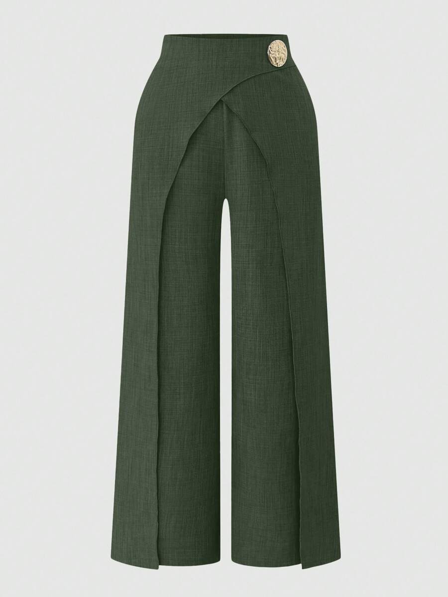 Damernas Löst skuren högmidjade byxor med skärpdesign och dekorativa knapppdetaljer Eva Jonsson-Eva Jonsson