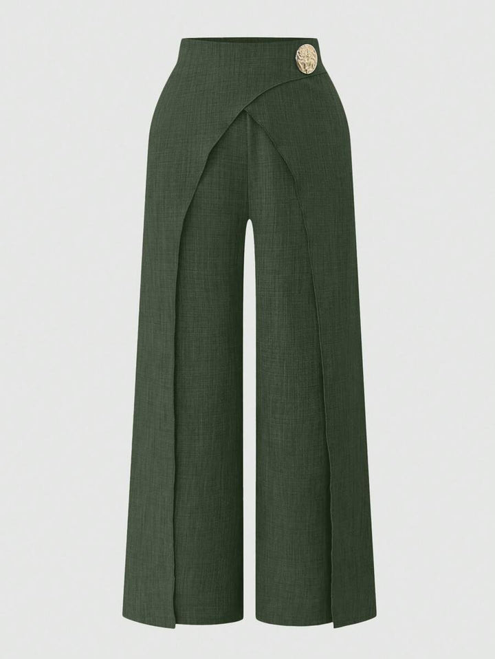 Damernas Löst skuren högmidjade byxor med skärpdesign och dekorativa knapppdetaljer Eva Jonsson-Eva Jonsson