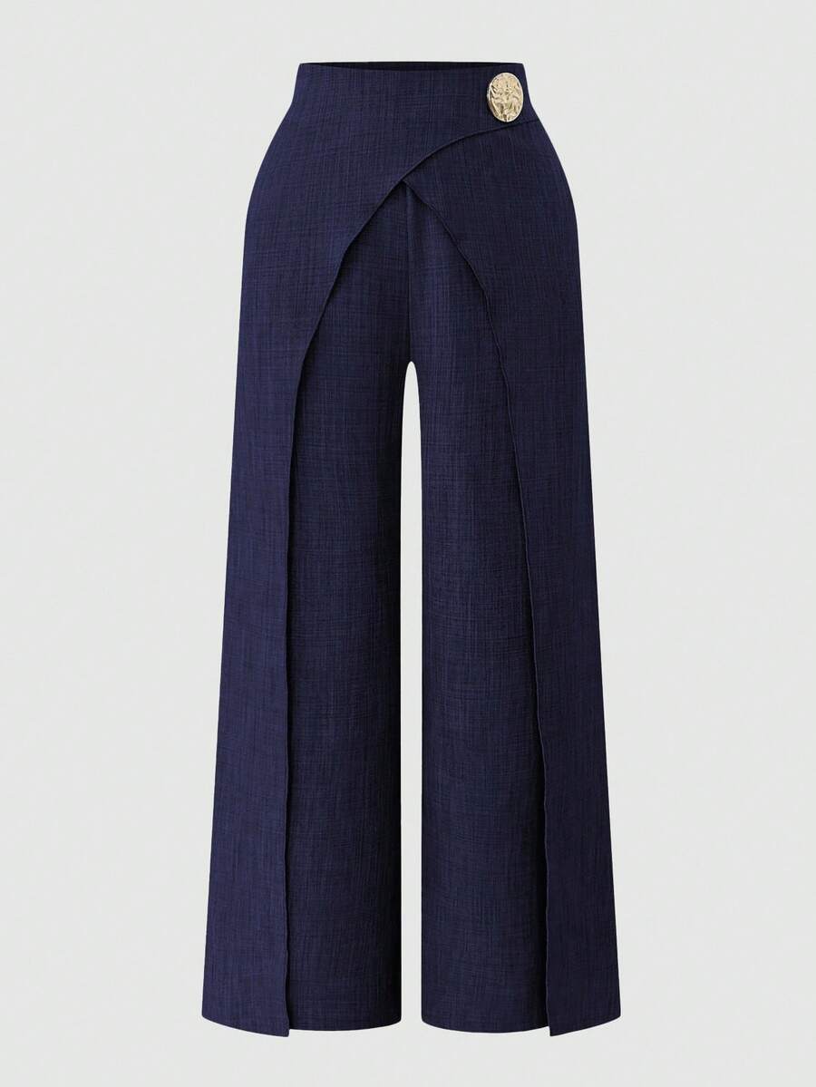 Damernas Löst skuren högmidjade byxor med skärpdesign och dekorativa knapppdetaljer Eva Jonsson-Eva Jonsson