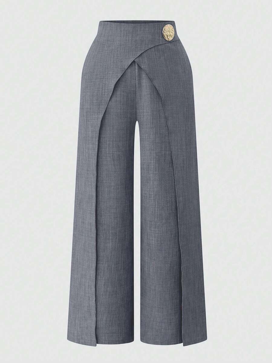 Damernas Löst skuren högmidjade byxor med skärpdesign och dekorativa knapppdetaljer Eva Jonsson-Eva Jonsson