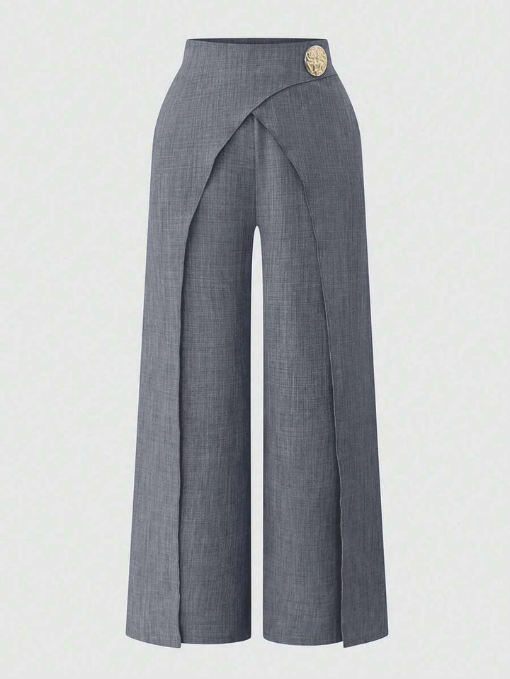 Damernas Löst skuren högmidjade byxor med skärpdesign och dekorativa knapppdetaljer Eva Jonsson-Eva Jonsson