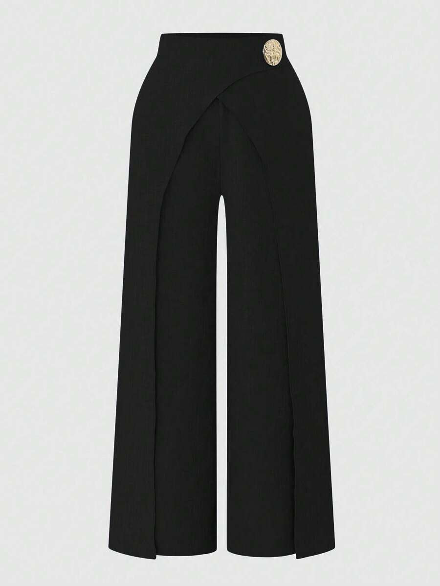 Damernas Löst skuren högmidjade byxor med skärpdesign och dekorativa knapppdetaljer Eva Jonsson-Eva Jonsson