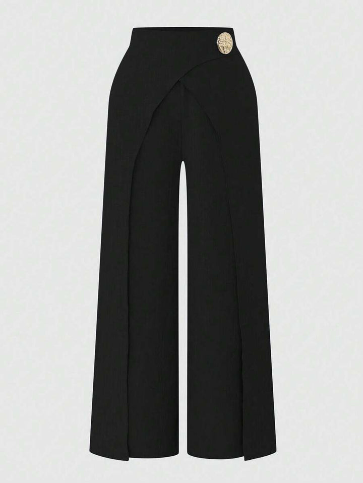 Damernas Löst skuren högmidjade byxor med skärpdesign och dekorativa knapppdetaljer Eva Jonsson-Eva Jonsson