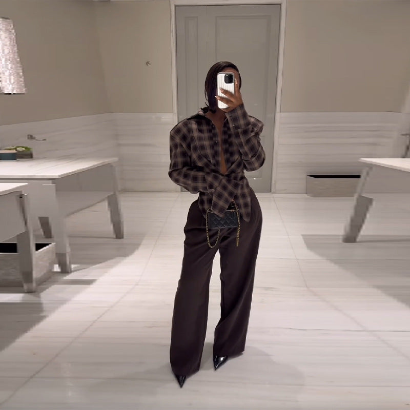 Damernas Löst skuren rutiga blouse med innovativ krage Eva Jonsson-Eva Jonsson