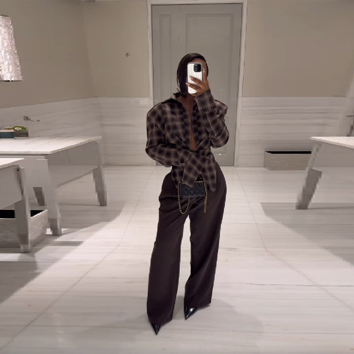 Damernas Löst skuren rutiga blouse med innovativ krage Eva Jonsson-Eva Jonsson