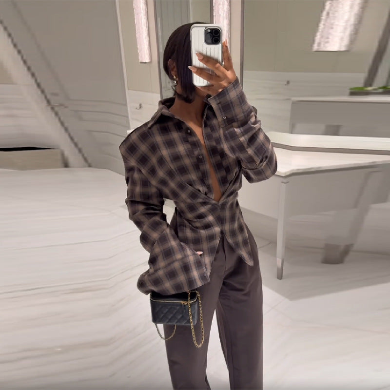 Damernas Löst skuren rutiga blouse med innovativ krage Eva Jonsson-Eva Jonsson