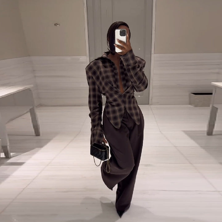 Damernas Löst skuren rutiga blouse med innovativ krage Eva Jonsson-Eva Jonsson