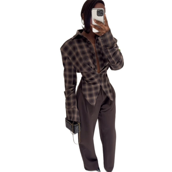 Damernas Löst skuren rutiga blouse med innovativ krage Eva Jonsson-Eva Jonsson