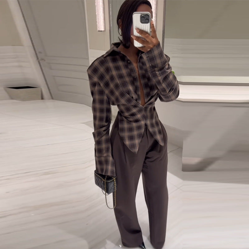 Damernas Löst skuren rutiga blouse med innovativ krage Eva Jonsson-Eva Jonsson