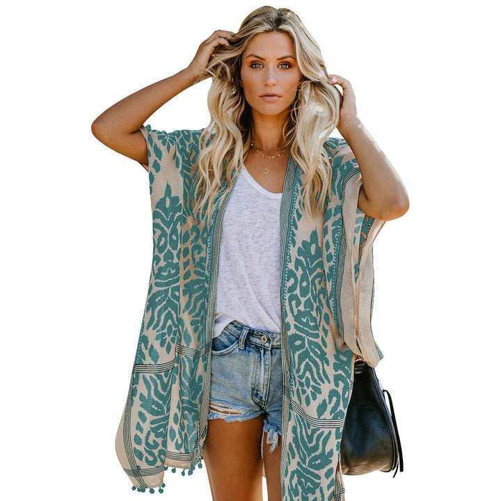Damernas Luftig Kimono-Cardigan med detaljerat mönster och fransklädd nederkant Mirla-Eva Jonsson