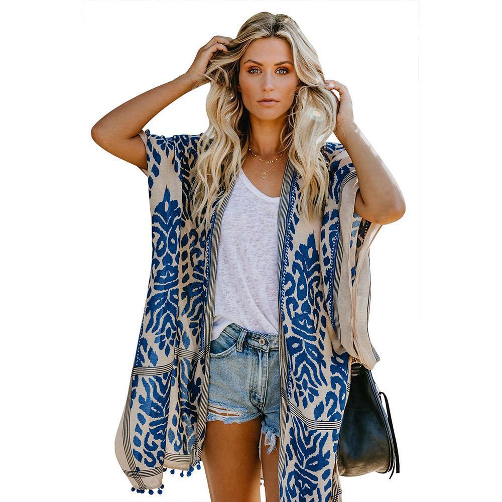 Damernas Luftig Kimono-Cardigan med detaljerat mönster och fransklädd nederkant Mirla-Eva Jonsson
