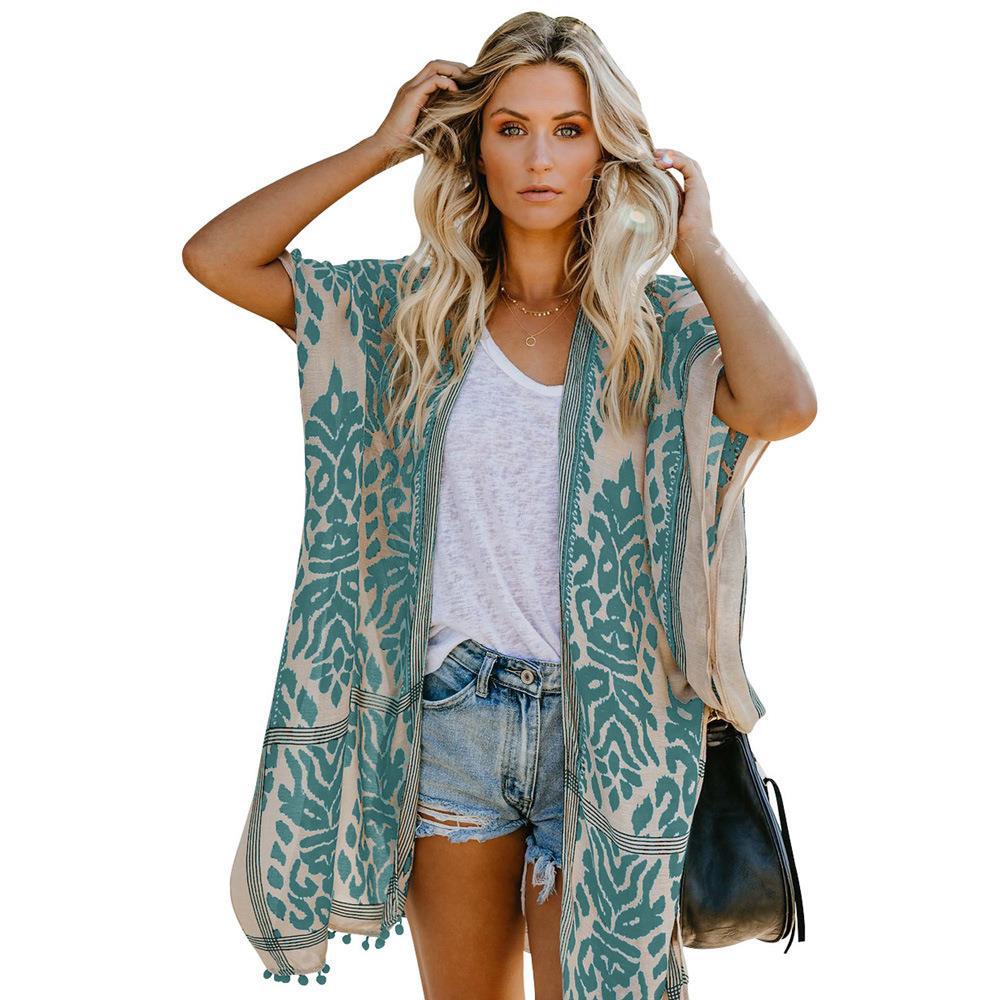 Damernas Luftig Kimono-Cardigan med detaljerat mönster och fransklädd nederkant Mirla-Eva Jonsson