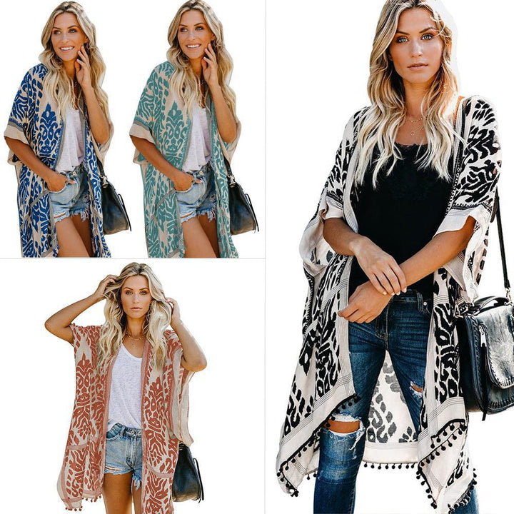 Damernas Luftig Kimono-Cardigan med detaljerat mönster och fransklädd nederkant Mirla-Eva Jonsson