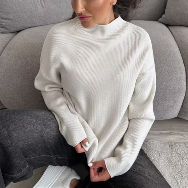 Damernas Modern stickad topp med hög krage och fint ribbmönster Eva Jonsson-Eva Jonsson