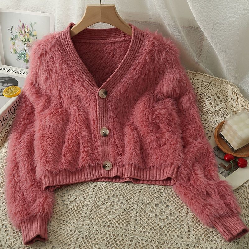 Damernas Mysig Cropped Cardigan med Knappslå och Mjuk Teddypäls Eva Jonsson-Eva Jonsson