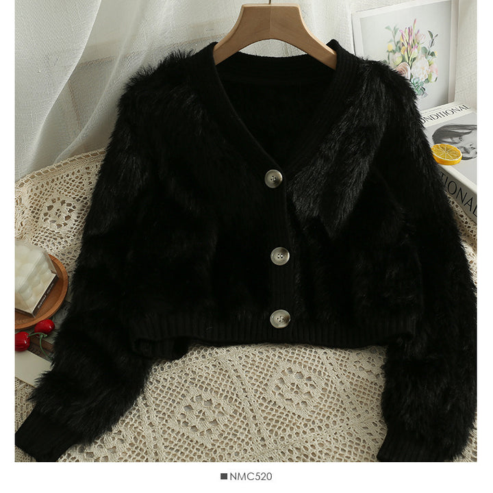 Damernas Mysig Cropped Cardigan med Knappslå och Mjuk Teddypäls Eva Jonsson-Eva Jonsson