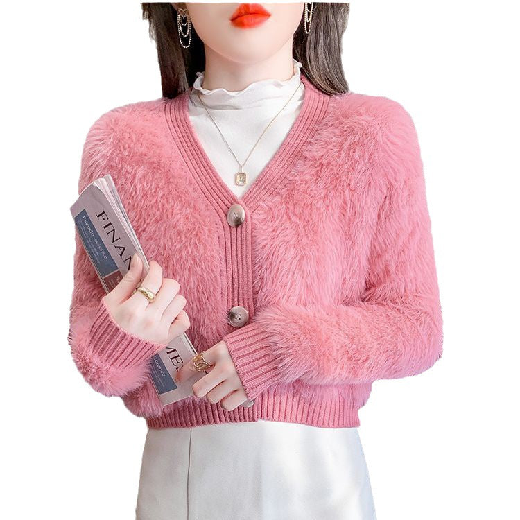 Damernas Mysig Cropped Cardigan med Knappslå och Mjuk Teddypäls Eva Jonsson-Eva Jonsson