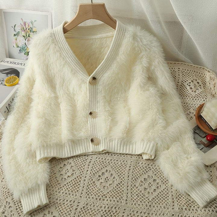 Damernas Mysig Cropped Cardigan med Knappslå och Mjuk Teddypäls Eva Jonsson-Eva Jonsson