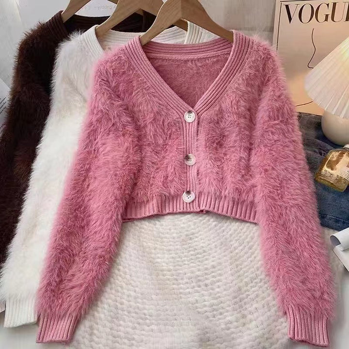 Damernas Mysig Cropped Cardigan med Knappslå och Mjuk Teddypäls Eva Jonsson-Eva Jonsson