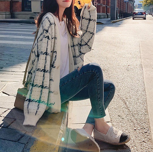 Damernas Mysig Oversized Stickad Kofta med Rutmönster Mirla-Eva Jonsson
