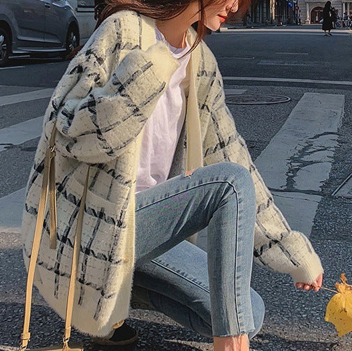 Damernas Mysig Oversized Stickad Kofta med Rutmönster Mirla-Eva Jonsson