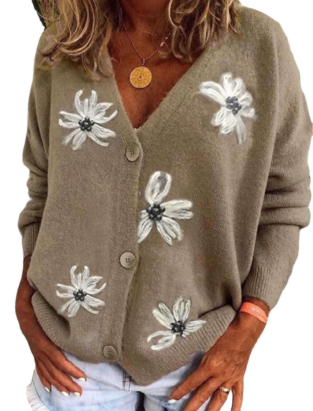Damernas Mysig Stickad Jacka med Blommönster och Helknäppning Mirla-Eva Jonsson