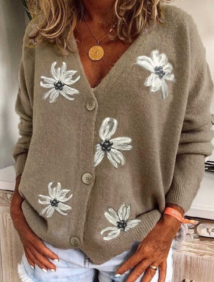 Damernas Mysig Stickad Jacka med Blommönster och Helknäppning Mirla-Eva Jonsson