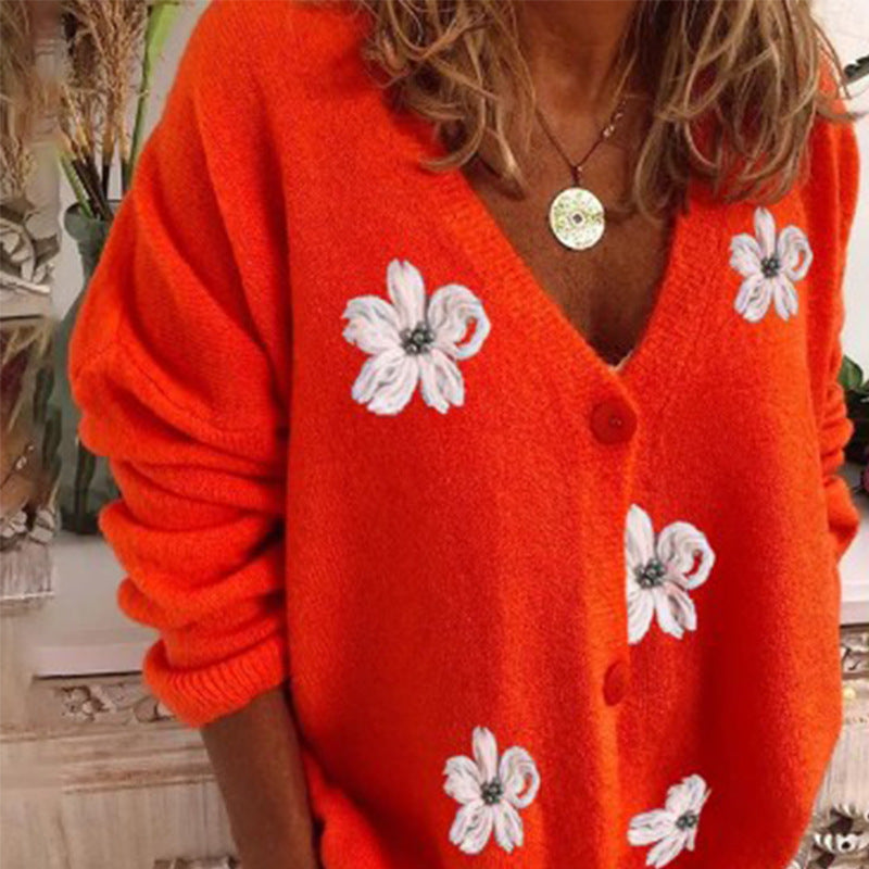 Damernas Mysig Stickad Jacka med Blommönster och Helknäppning Mirla-Eva Jonsson