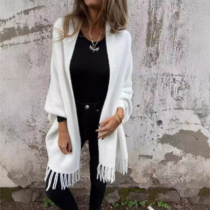 Damernas Mysig Stickad Poncho med Fransar Mirla-Eva Jonsson