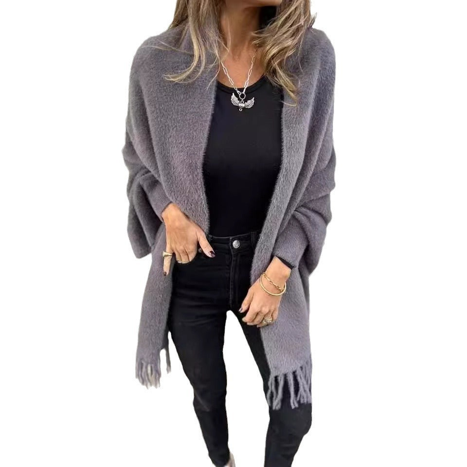 Damernas Mysig Stickad Poncho med Fransar Mirla-Eva Jonsson