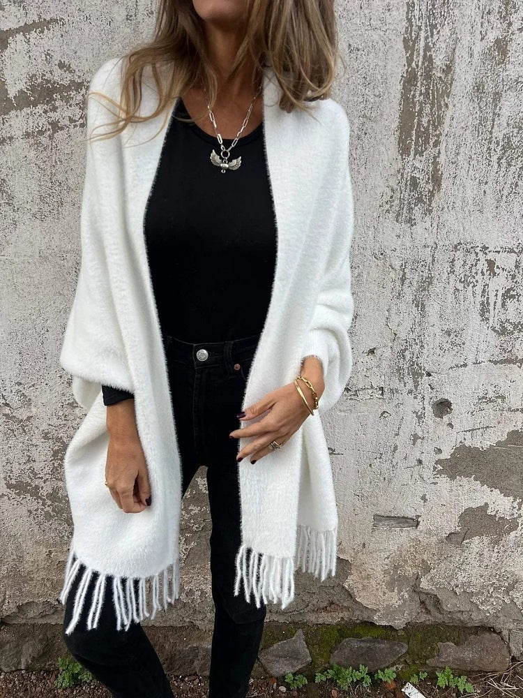 Damernas Mysig Stickad Poncho med Fransar Mirla-Eva Jonsson