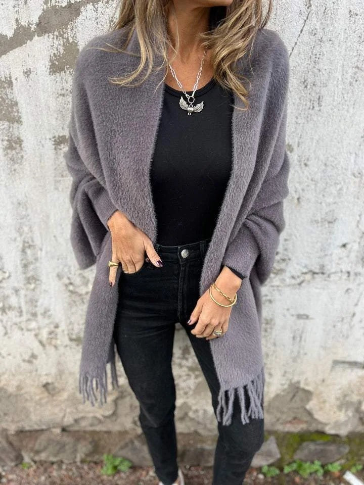 Damernas Mysig Stickad Poncho med Fransar Mirla-Eva Jonsson