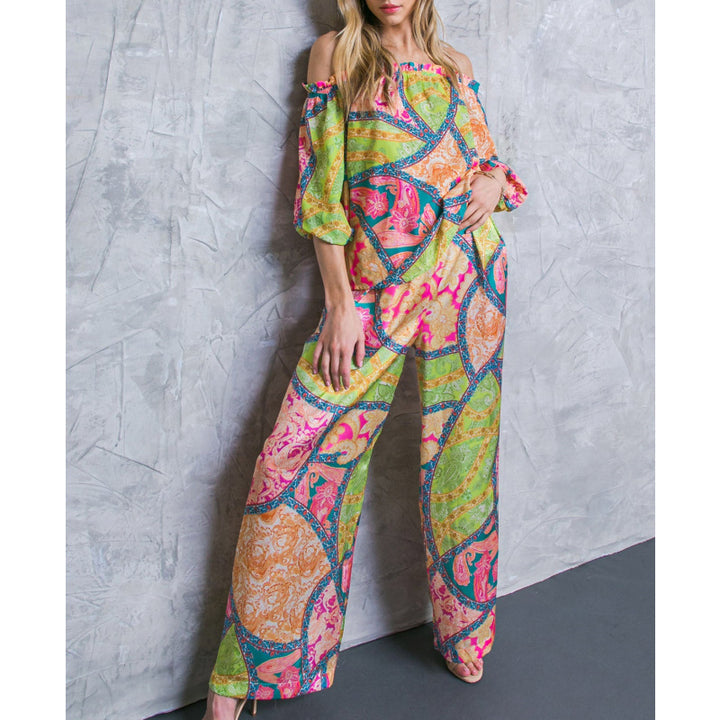 Damernas Off-Shoulder Jumpsuit med breda ben och färggmönster Eva Jonsson-Eva Jonsson