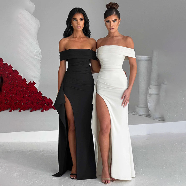 Damernas Off-Shoulder Maxiklänning med hög slits och raffinerade draperingar Eva Jonsson-Eva Jonsson