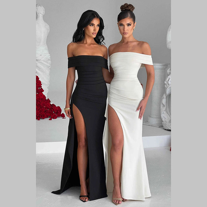 Damernas Off-Shoulder Maxiklänning med hög slits och raffinerade draperingar Eva Jonsson-Eva Jonsson