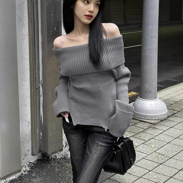 Damernas Off-Shoulder Stickad topp med längre ärmar och fina ribbdetaljer Eva Jonsson-Eva Jonsson