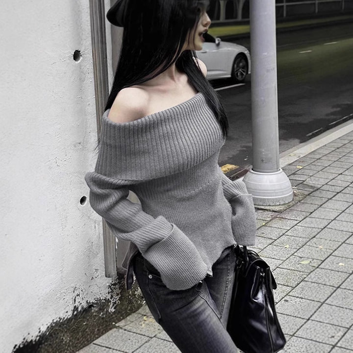 Damernas Off-Shoulder Stickad topp med längre ärmar och fina ribbdetaljer Eva Jonsson-Eva Jonsson