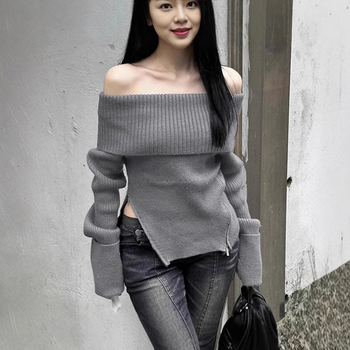 Damernas Off-Shoulder Stickad topp med längre ärmar och fina ribbdetaljer Mirla-Eva Jonsson