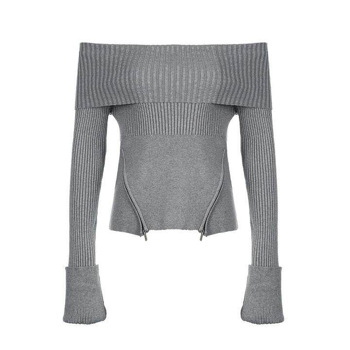 Damernas Off-Shoulder Stickad topp med längre ärmar och fina ribbdetaljer Mirla-Eva Jonsson