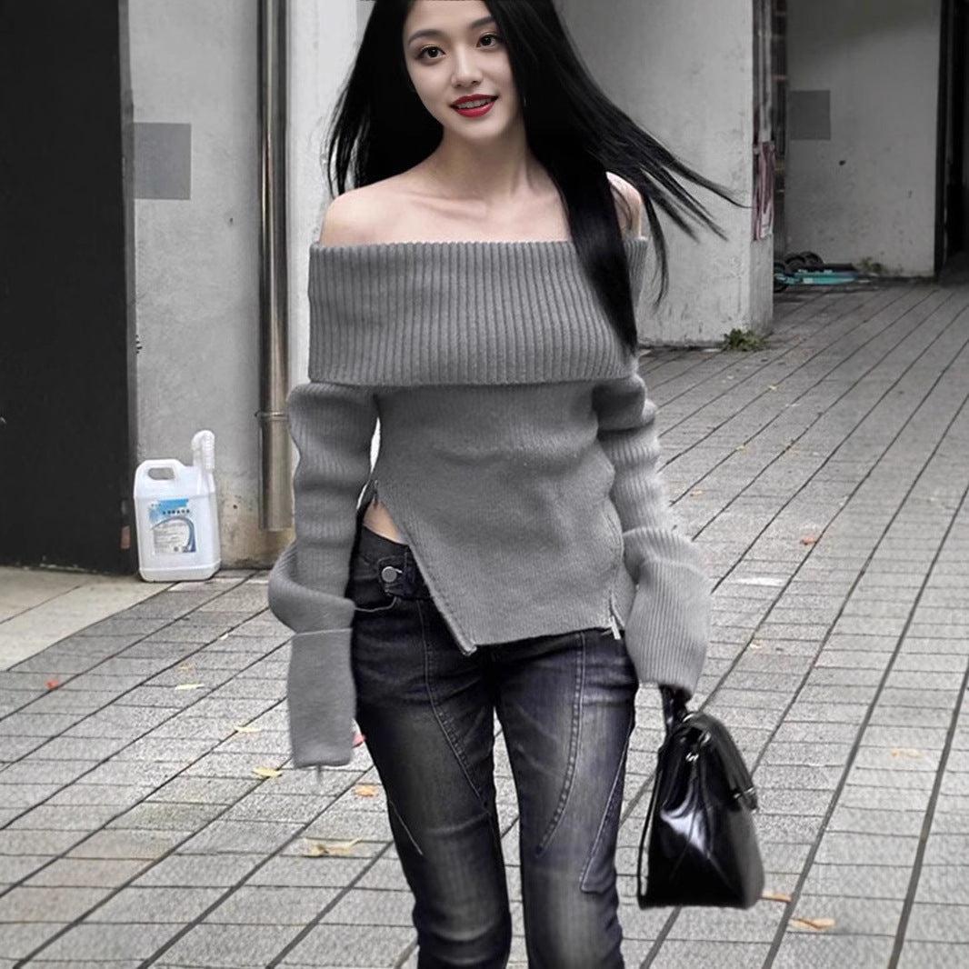 Damernas Off-Shoulder Stickad topp med längre ärmar och fina ribbdetaljer Mirla-Eva Jonsson