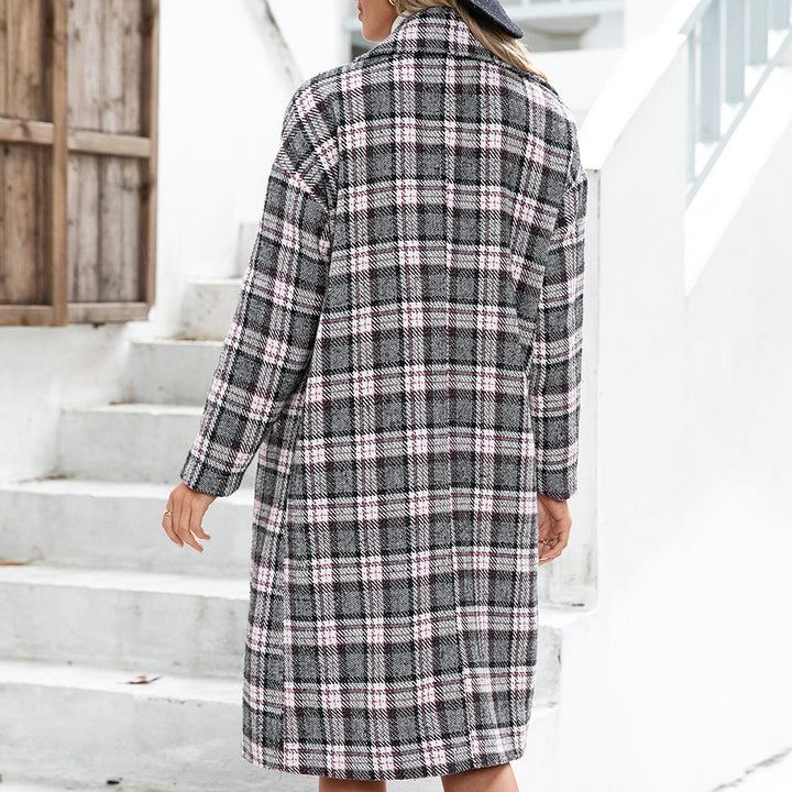 Damernas Oversized Rutig Kappa i elegant Dubbelknäppningsdesign Eva Jonsson-Eva Jonsson
