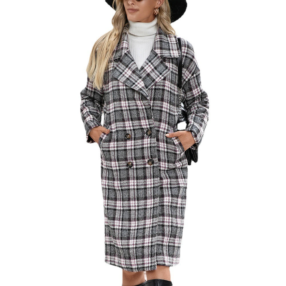 Damernas Oversized Rutig Kappa i elegant Dubbelknäppningsdesign Eva Jonsson-Eva Jonsson