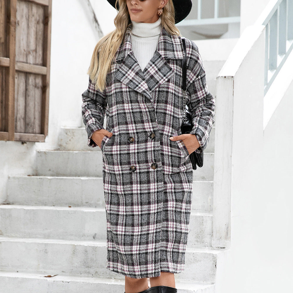 Damernas Oversized Rutig Kappa i elegant Dubbelknäppningsdesign Eva Jonsson-Eva Jonsson