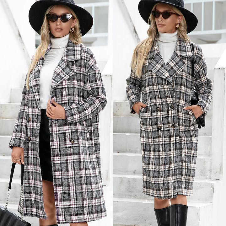 Damernas Oversized Rutig Kappa i elegant Dubbelknäppningsdesign Eva Jonsson-Eva Jonsson