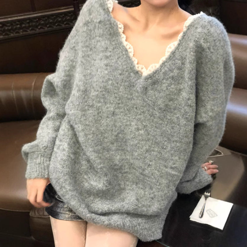 Damernas Oversized Stickad Tröja med V-Urringning och Fin Spetskant Eva Jonsson-Eva Jonsson